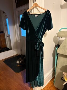 Velvet Wrap Maxi Dress in Deep Forest Green  - Size 10